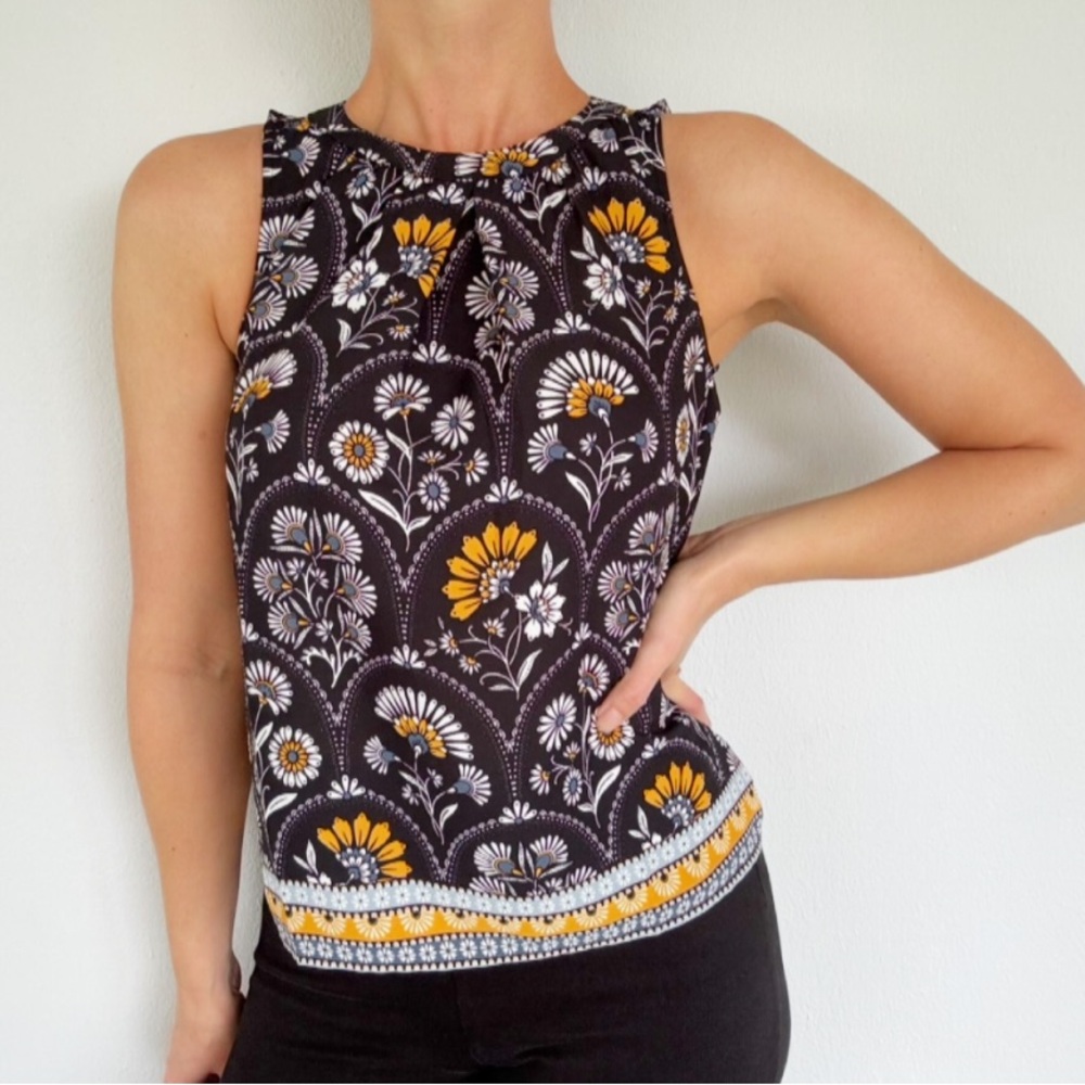 LOFT black gold floral print sleeveless shift style blouse size XSP